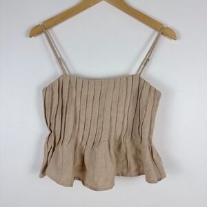 Crescent Women's Beige Pleated Square Neck Camisole Top Size XS Linen Blend